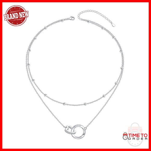 Sterling Silver Heart Circle Choker Layered Necklace 16-18 Inch